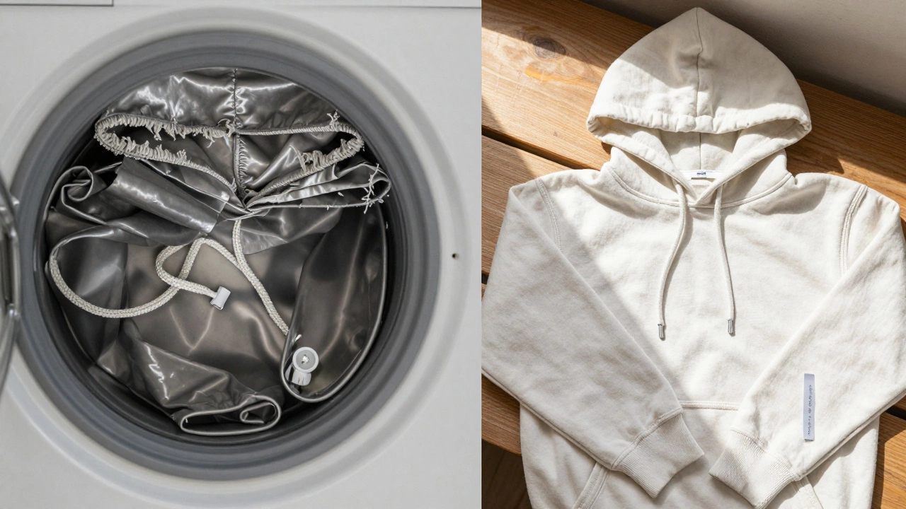 Comparison of cheap vs premium hoodie: one frayed and broken, the other durable with clean stitching and care label.