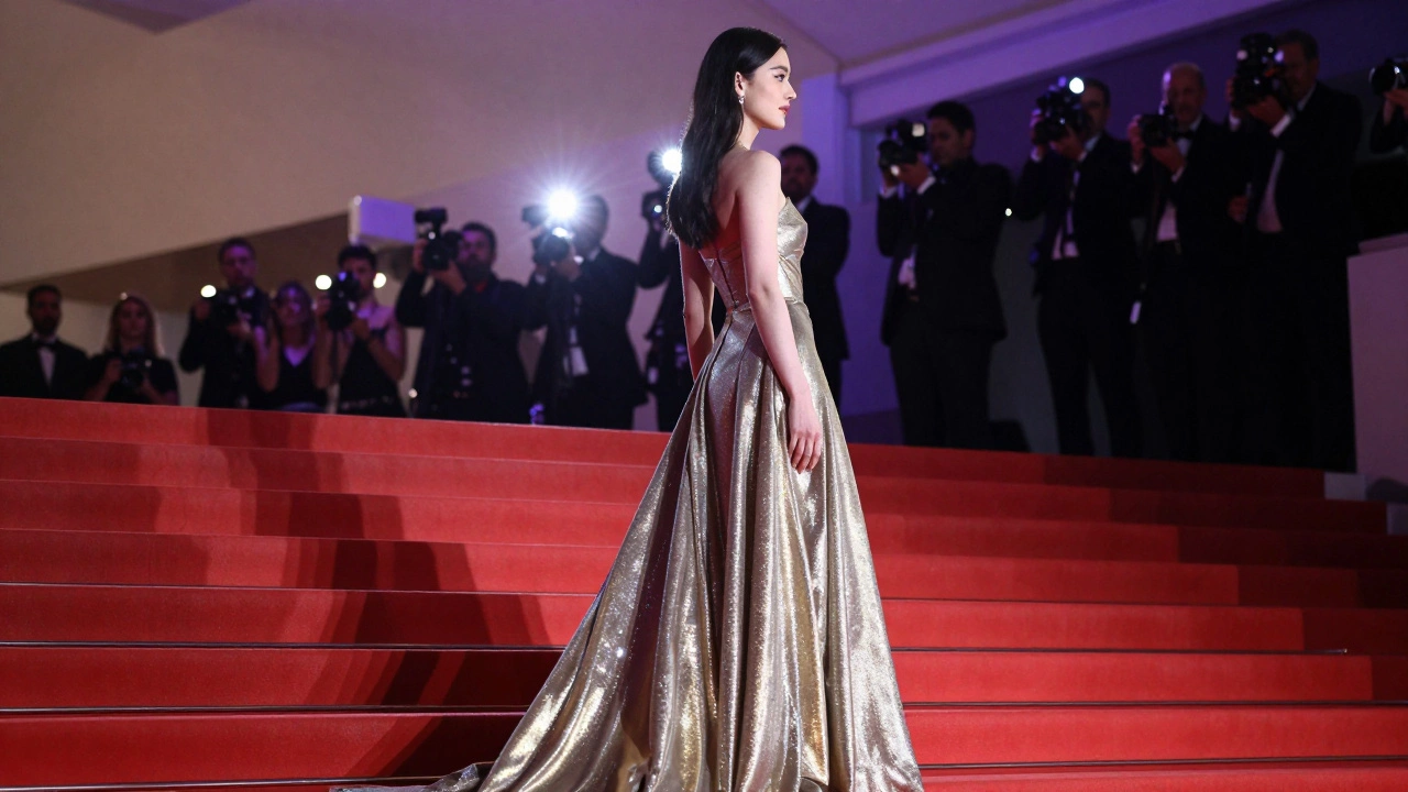 Confident figure in formal wear standing on illuminated red carpet