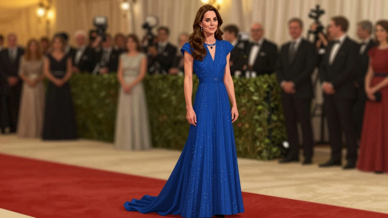 Kate Middleton in a sapphire blue beaded dress at Royal Ascot, glowing under ambient evening light.