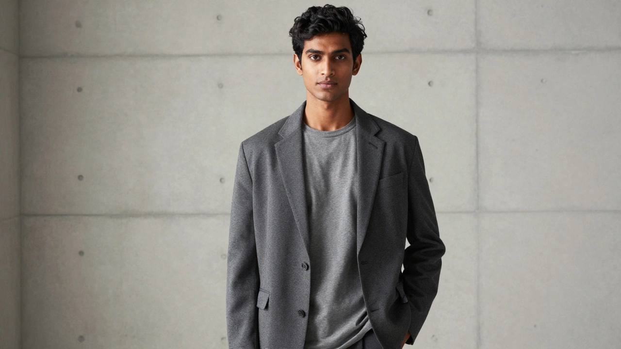 Man wearing fitted t-shirt under blazer in studio
