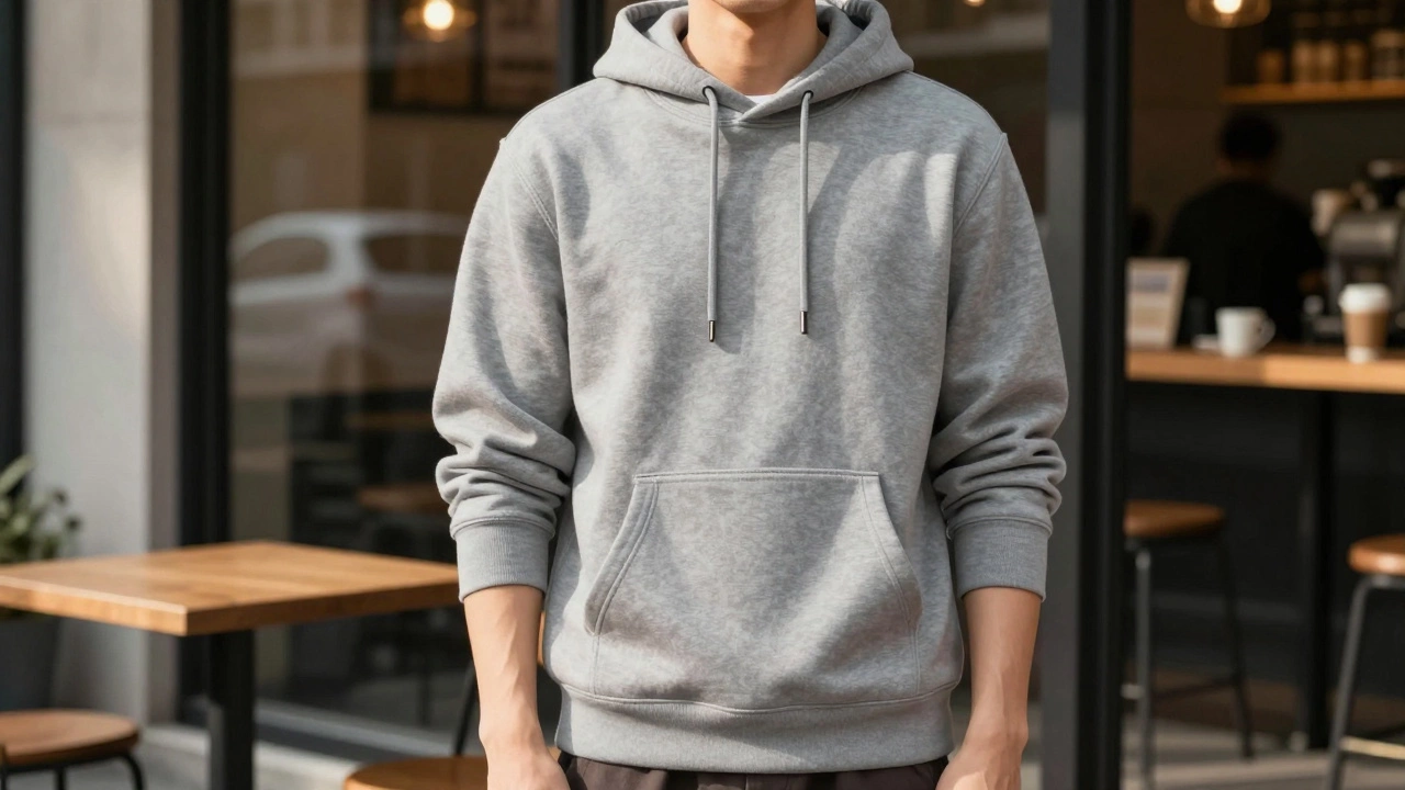 Person wearing a well-fitted hoodie in an urban setting, sleeves at wrist, hood adjusted with fabric drawstring.