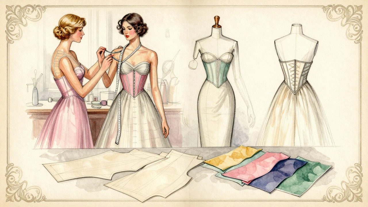 Sketch of fashion fitting session with measuring tools and fabric samples