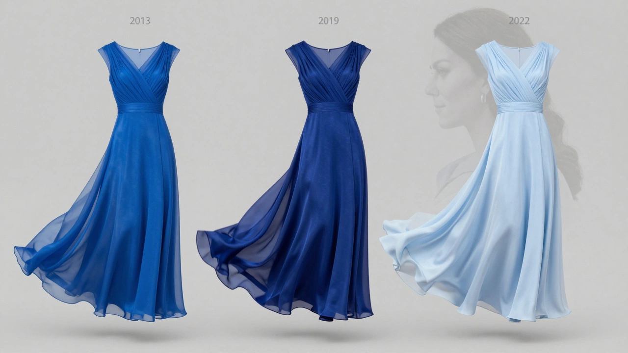 Three delicate blue gowns floating together, symbolizing Kate Middleton's signature evening colors.