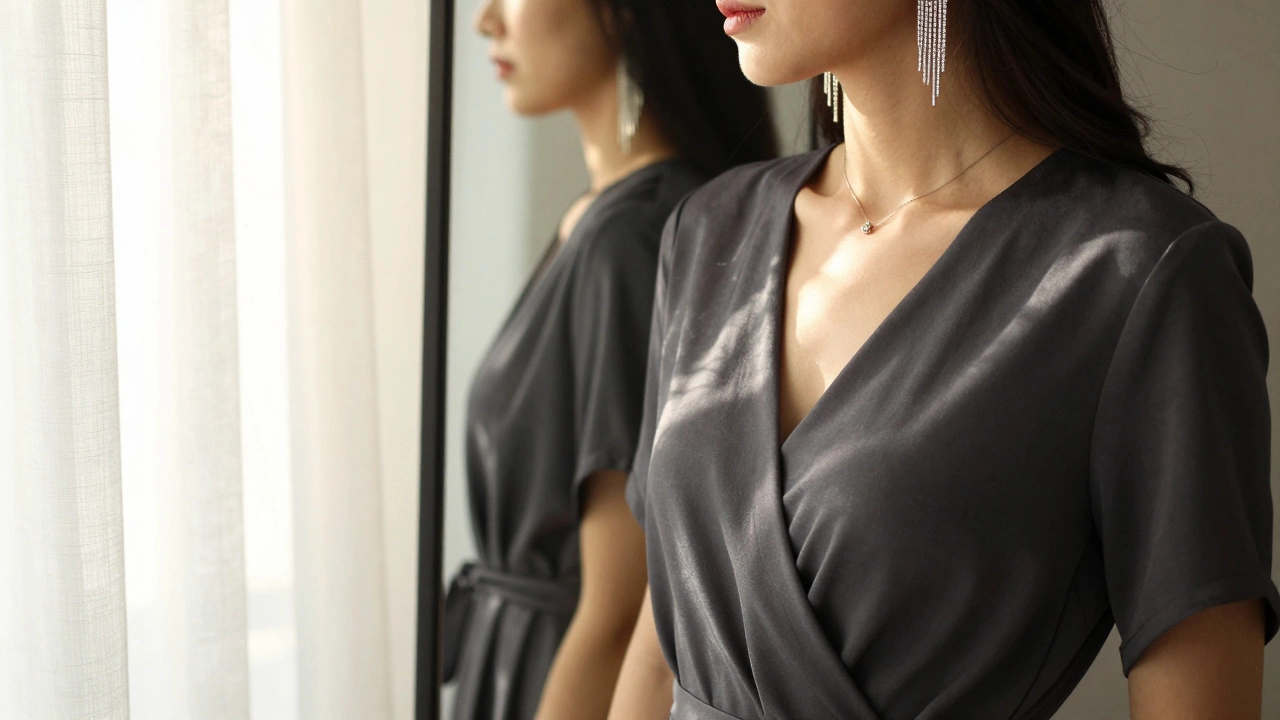 Woman in charcoal wrap dress with V-neck and dangling earrings, backlit by warm light.