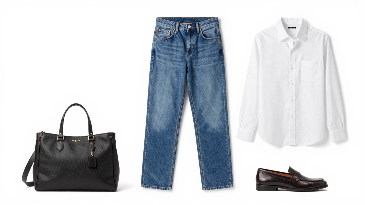 A flat lay of mid-blue straight-leg jeans, a white shirt, and leather loafers.