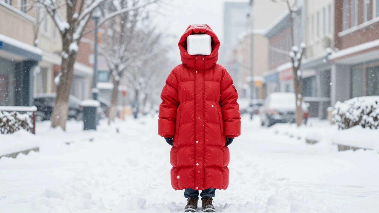 A person wearing a long, oversized red puffer coat in a snowy urban setting.