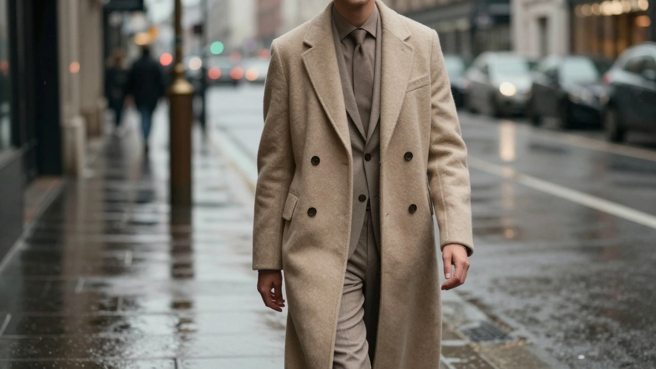 A person wearing a tailored beige wool overcoat walking through a rainy city street.