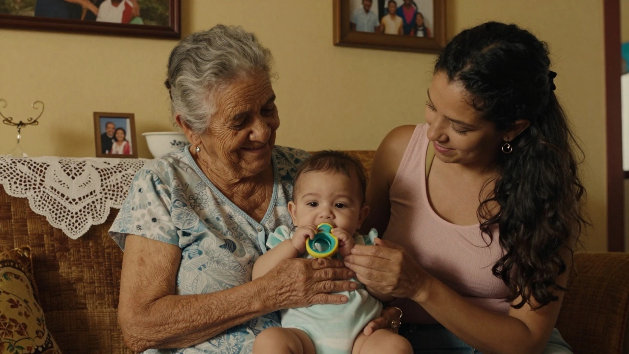A Puerto Rican grandmother helping a mother soothe a baby with a pacifier