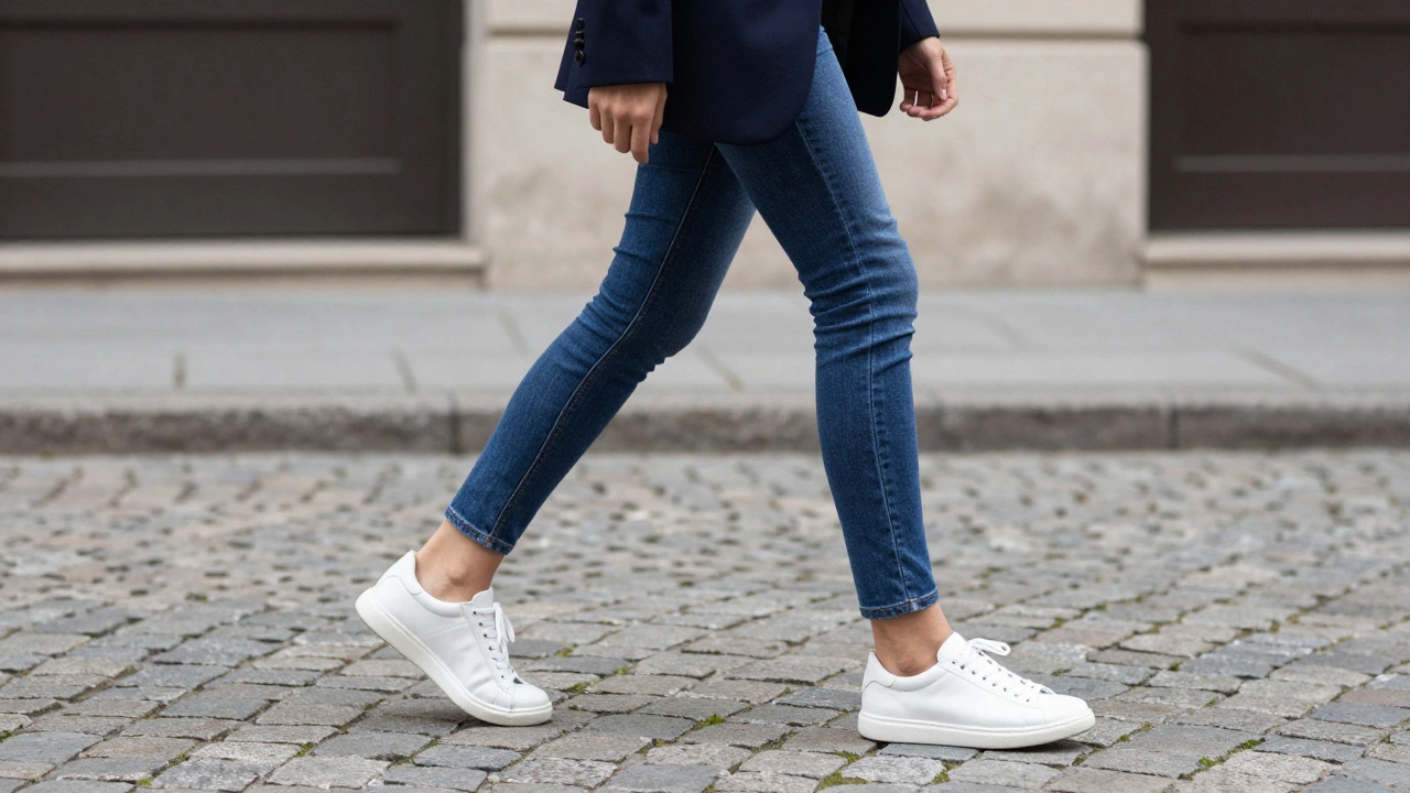 A woman wearing slim-fit indigo jeans and white sneakers walking on cobblestones.