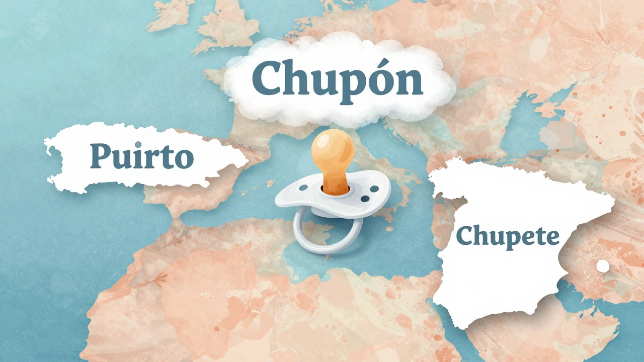 An artistic map showing regional Spanish terms for pacifiers like chupón and chupete
