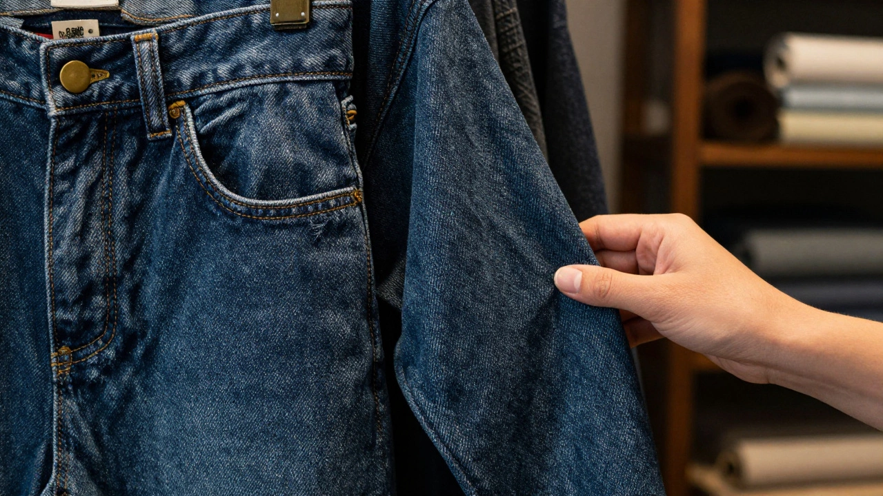 Close-up of high-quality indigo denim fabric with brass zippers and gold stitching