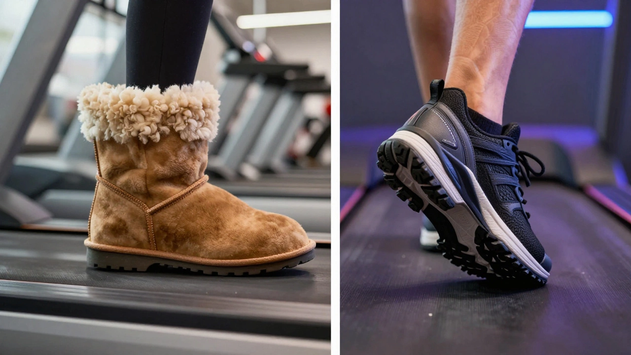 Comparison between a flat sheepskin boot and a supportive athletic sneaker on a gym treadmill.