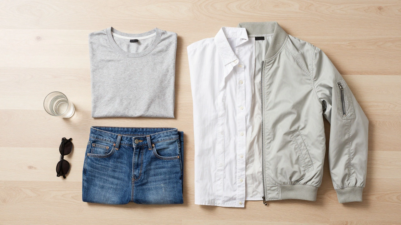 Flat lay of a cotton tee, button-down shirt, and bomber jacket for layering.