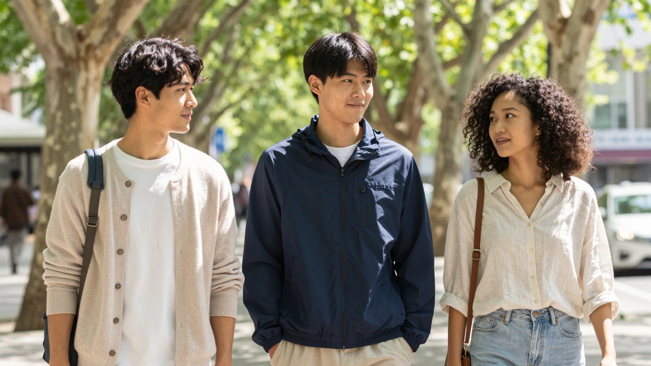 Friends in a park wearing different light layers like a cardigan and windbreaker.