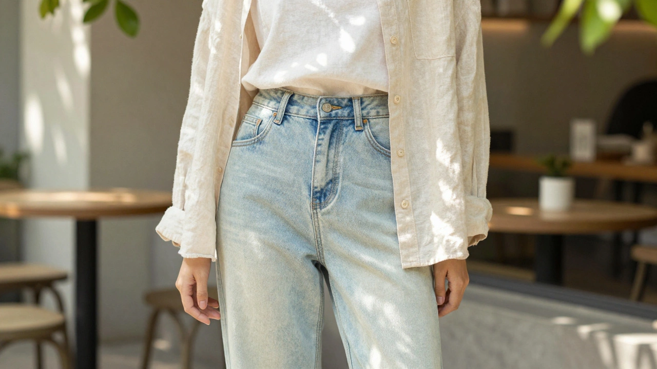 Person in relaxed warm light blue jeans and a linen shirt at a sunlit outdoor cafe.