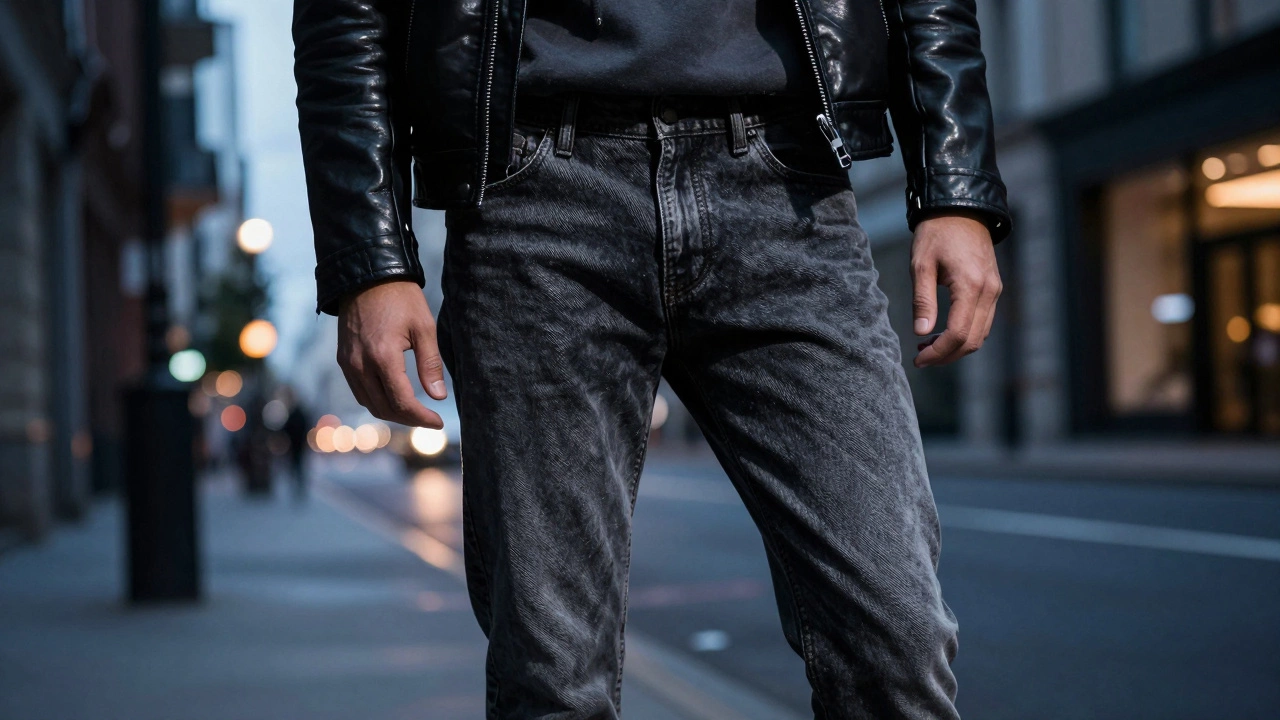 Person wearing charcoal grey denim jeans with a black leather jacket in a moody urban setting.