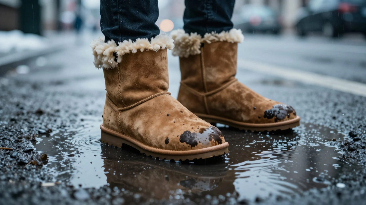 Water soaking into the suede of a sheepskin boot in a slushy winter puddle.