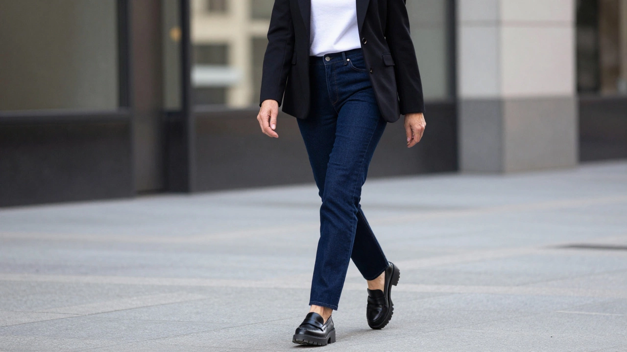 Woman over 50 in navy jeans and a black blazer walking in a city setting