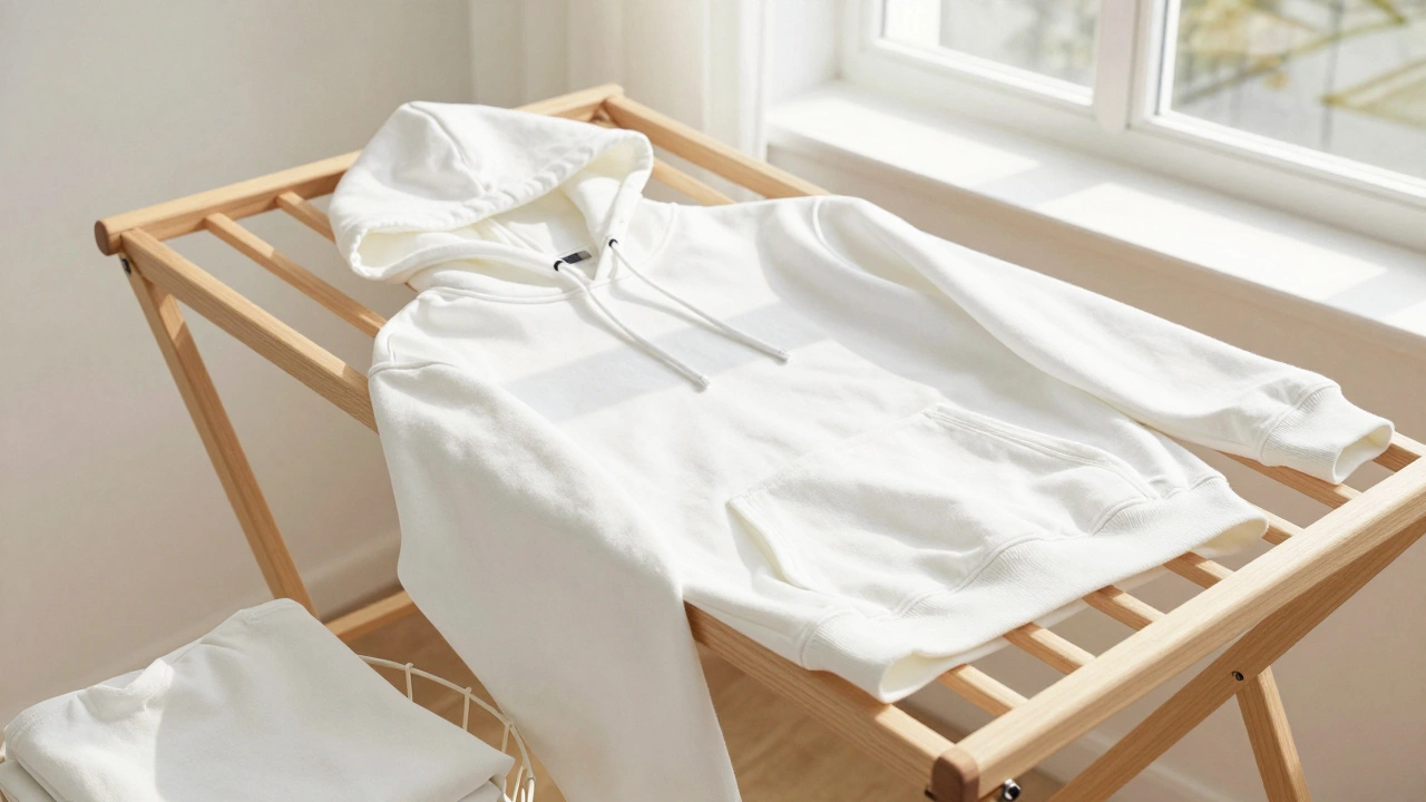 Clean white hoodie laid flat on a drying rack in bright sunlight.