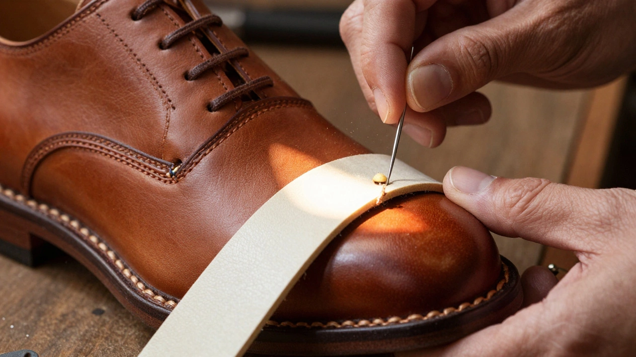 Close-up of a craftsman hand-stitching a leather shoe using the Goodyear welt method.