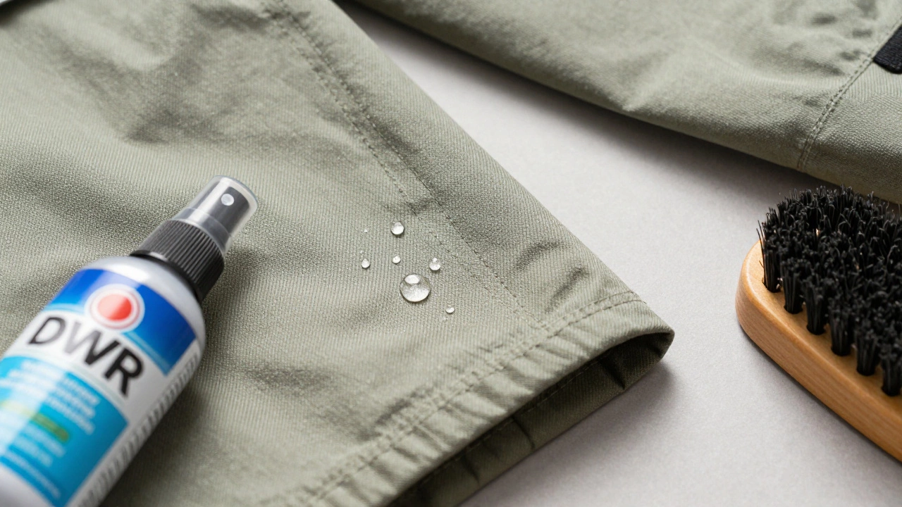 Close-up of durable jacket fabrics and care products.
