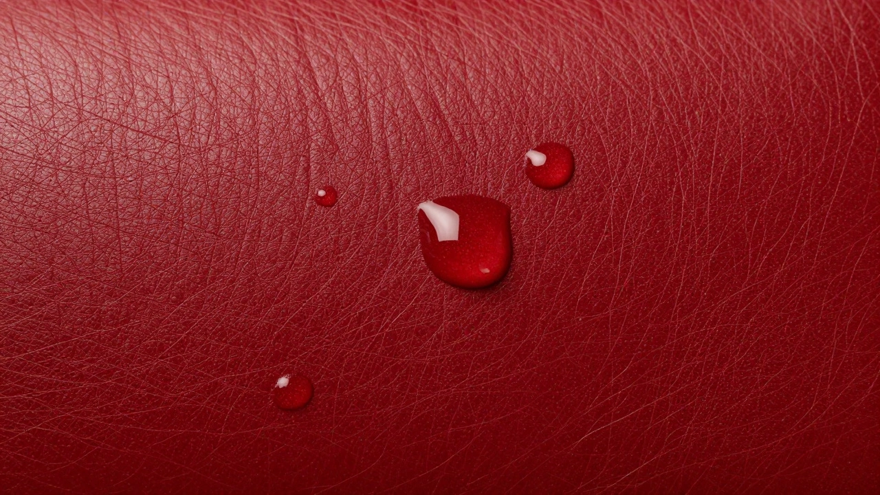 Close-up of glossy shell cordovan leather with beading water droplets