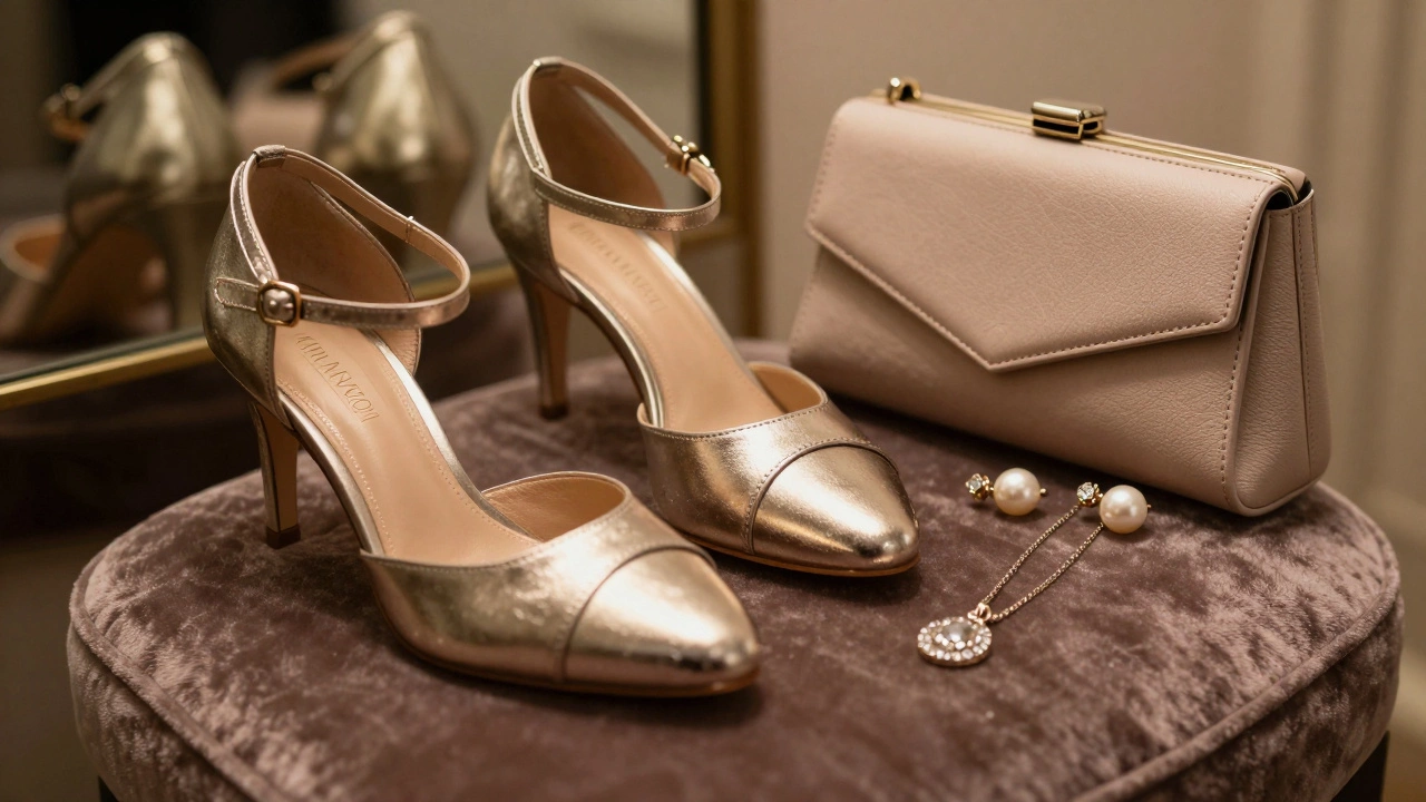 Elegant evening accessories including heels and jewelry
