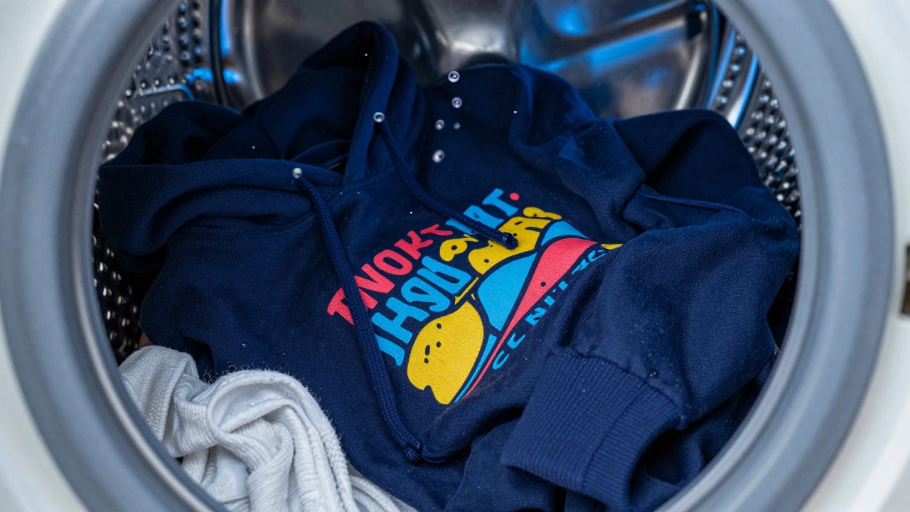 Inside-out hoodie tumbling gently in a washing machine drum with water.
