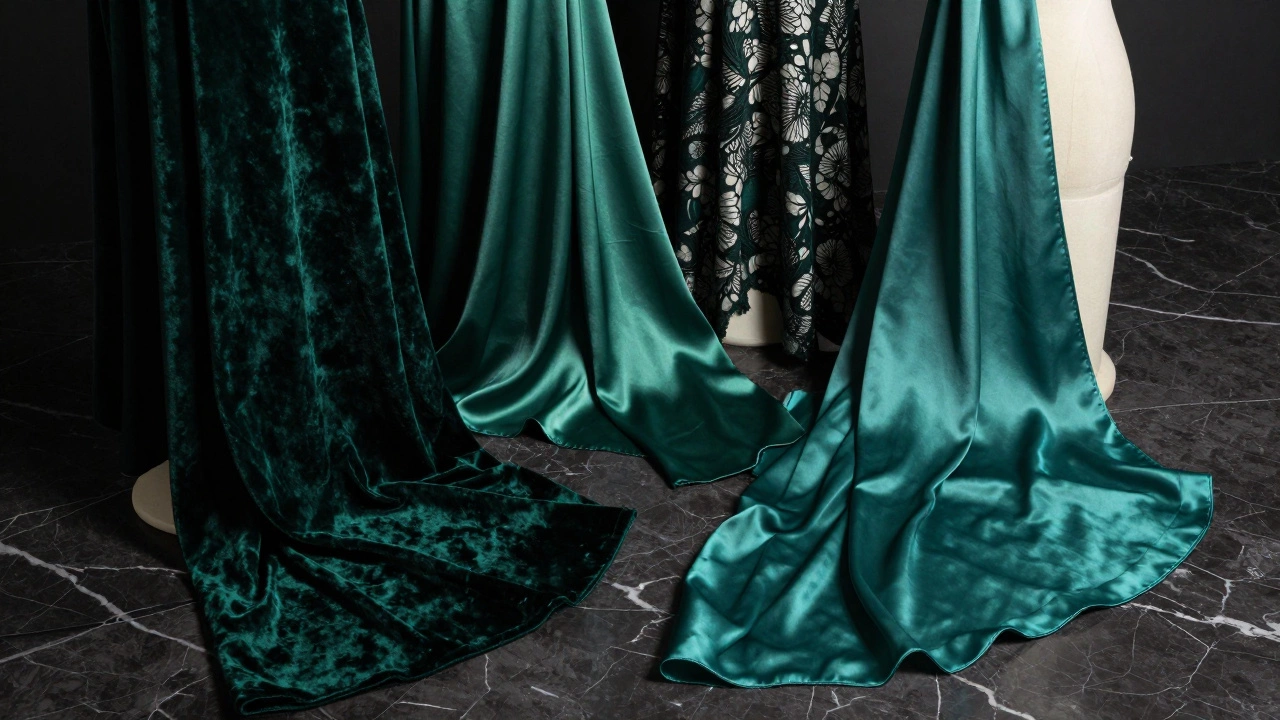 Luxurious evening fabrics like velvet and silk displayed