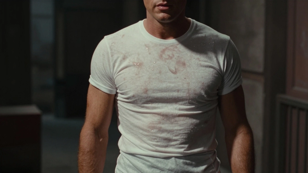 Man in tight white t-shirt in dramatic 1950s cinematic lighting