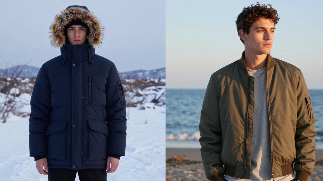 Man wearing a winter parka and a summer bomber jacket.