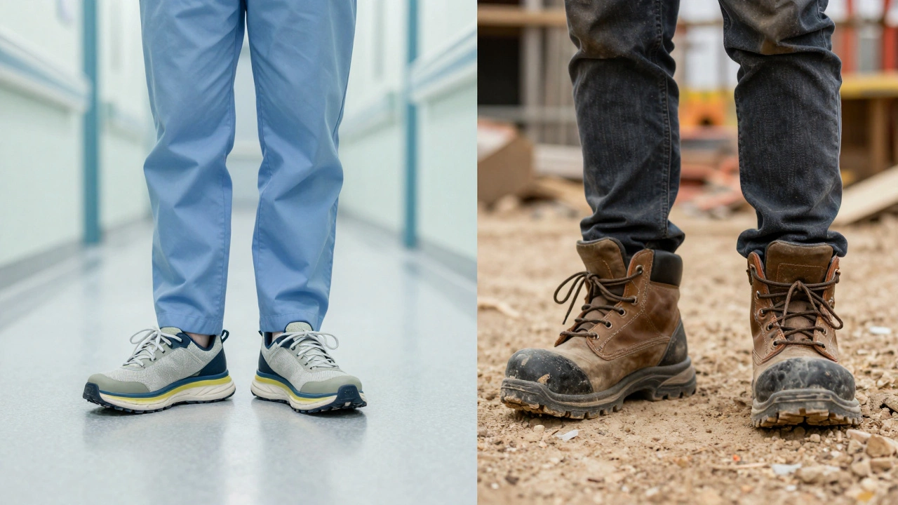 Nurse and construction worker wearing specialized comfortable work shoes