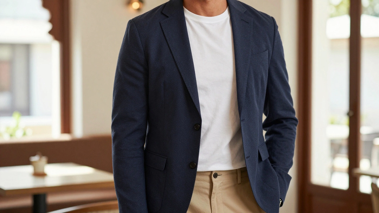 Person in navy blazer and white tee exuding relaxed elegance