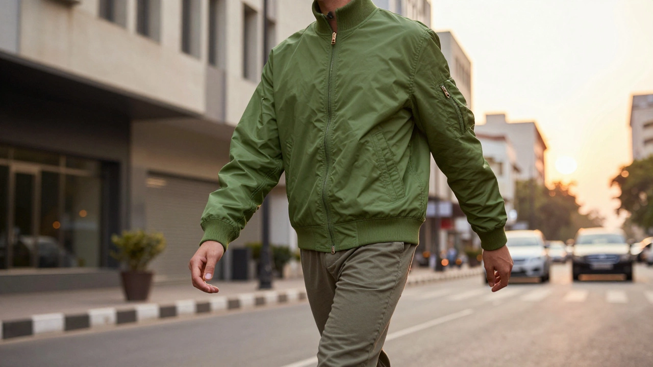 Person wearing green bomber jacket in urban setting