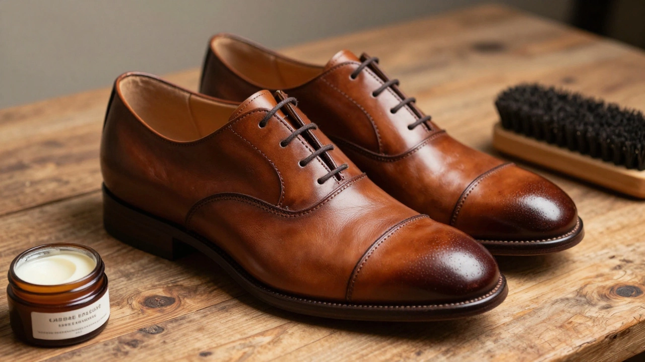 Rich cognac full-grain leather shoes with natural patina on a wooden bench