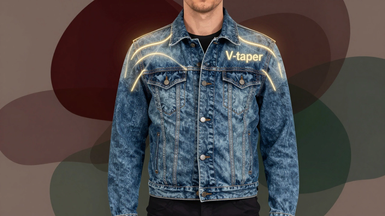 Stylized graphic showing jacket geometry and V-taper fit