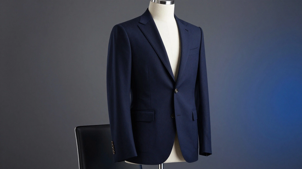 Tailored navy blazer with metal buttons and sharp lapels