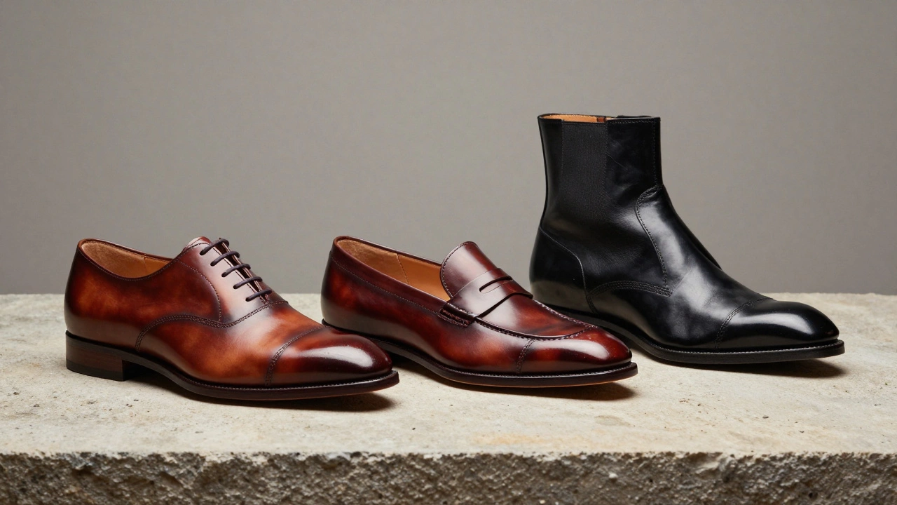 Three classic leather shoes displayed elegantly on a stone surface under soft studio lighting.