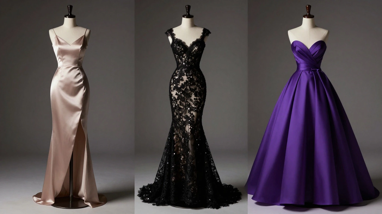 Three different evening dress silhouettes on mannequins