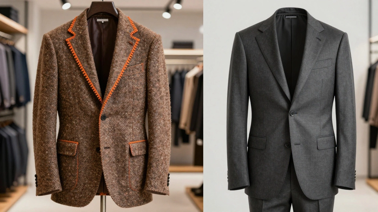 Contrast between a tweed suit with visible stitching and a minimalist grey suit