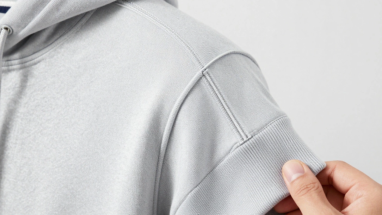 Detailed view of reinforced stitching and elastic cuffs on a hoodie
