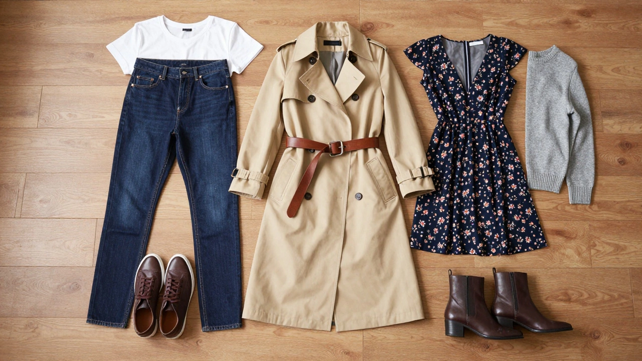 Flat lay of a beige trench coat with jeans, sneakers, and other versatile clothing