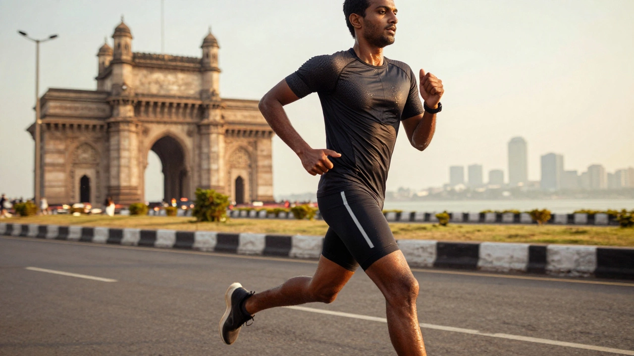 Indian runner in performance gear on a Mumbai road at sunset
