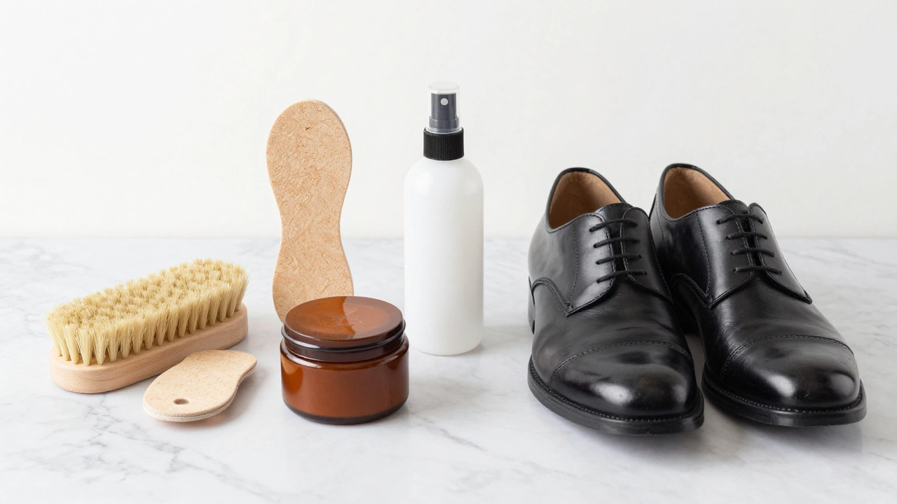 Leather care supplies including conditioner, brush, and shoe trees