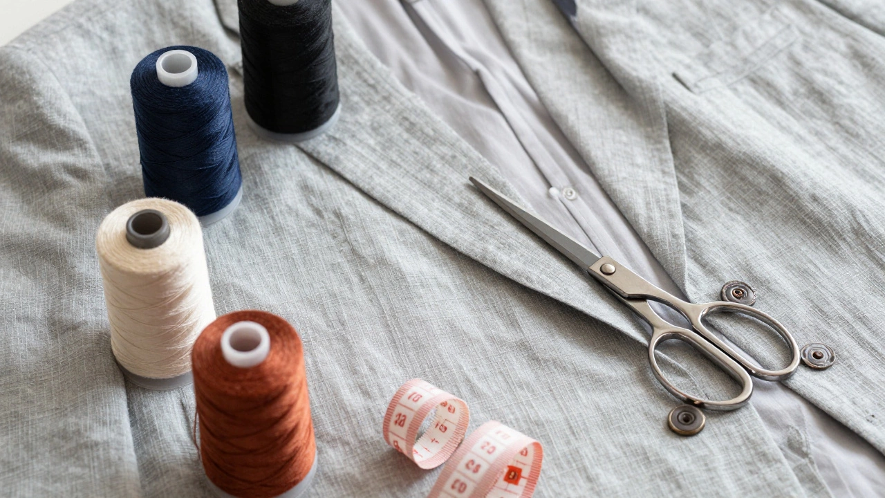 Linen suit jacket surrounded by colorful spools of sewing thread