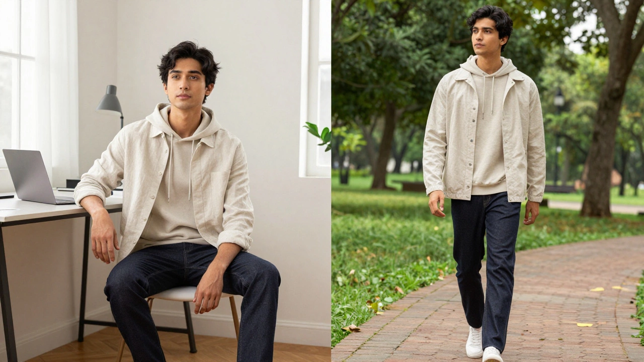Person wearing versatile sportswear for hybrid work and outdoor leisure