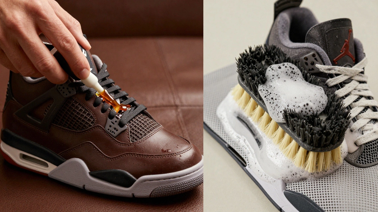 Split view of conditioning leather vs brushing synthetic sneaker materials