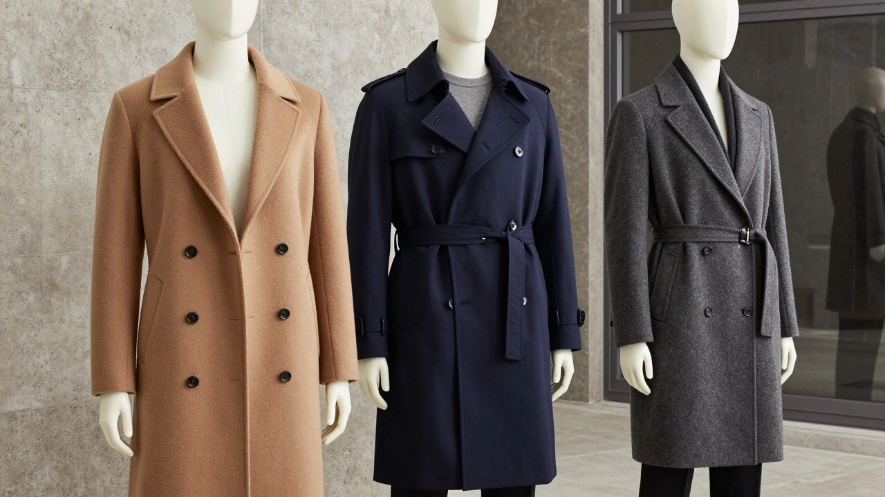 Three models wearing camel, navy, and grey coats in a modern urban setting