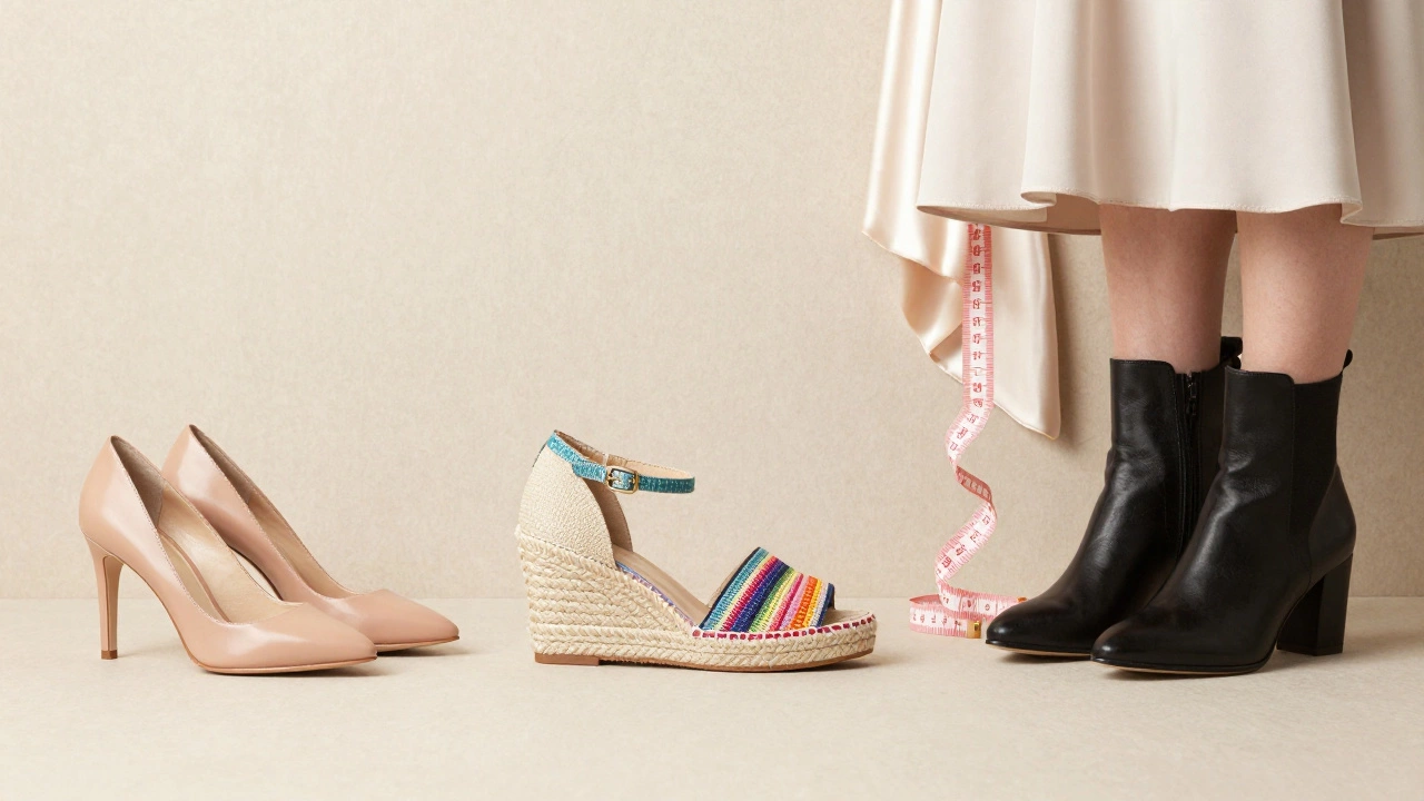 Three pairs of stylish shoes displayed with fabric swatch and measuring tape