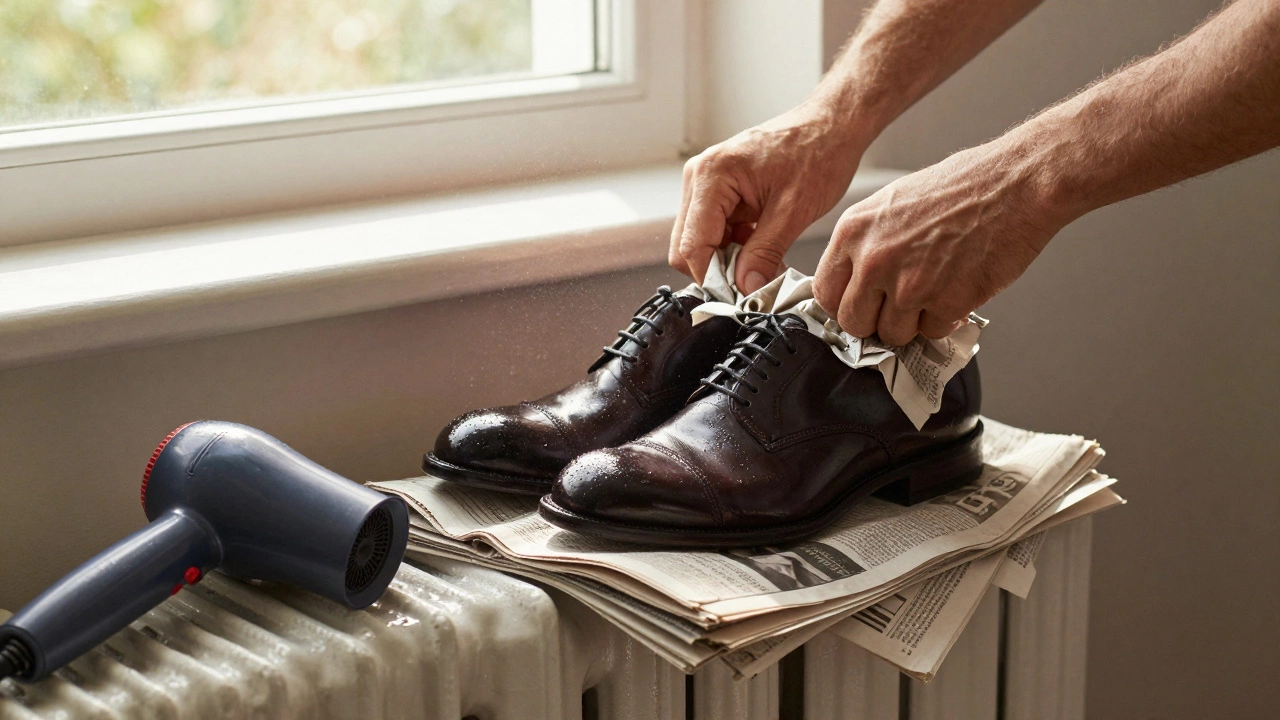 Wet leather shoes stuffed with newspaper for proper air drying